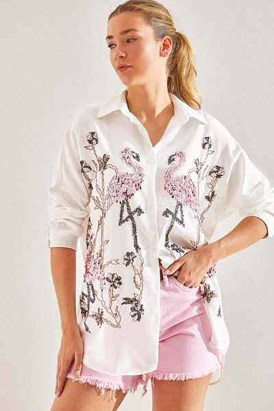 Bianco Lucci Modest Damen-Leinenhemd „Sofia“ mit Flamingo-Paillettenstickerei 60181012