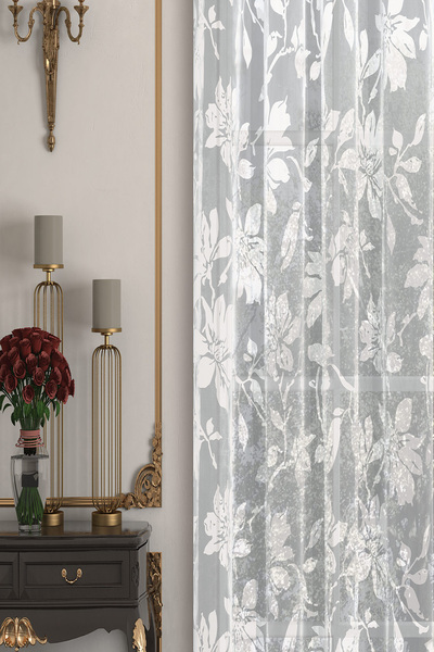 De'Vor Desenli Tül Perde, Çiçek ve Yaprak Desenli Yakma Kumaş, Pilesiz Düz Dikim