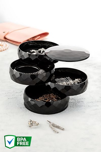 Nandy Home 4 Tiers Round 360 Degree Rotatable, Diamond Jewelry Organizer BLACK