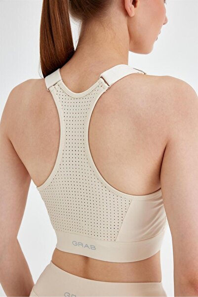 GRAB Women's Beige Back Laser Cut Sports Bra