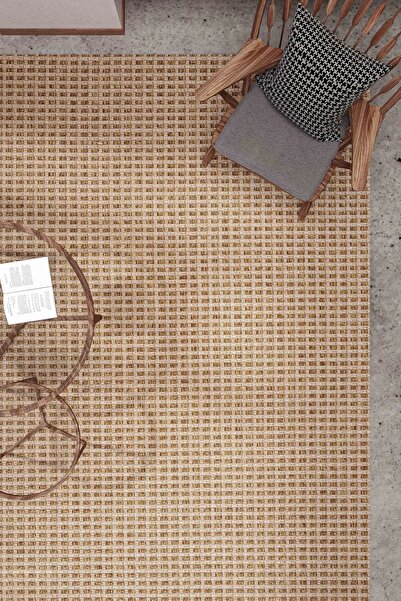 Hoomrugs Kahverengi Kareli Örgü Desenli Sisal Jüt Halı - Hasır Görünümlü Halı...