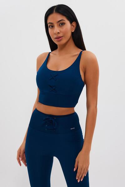 GRAB Women's Front Lace-Up Navy Blue Sports Bra