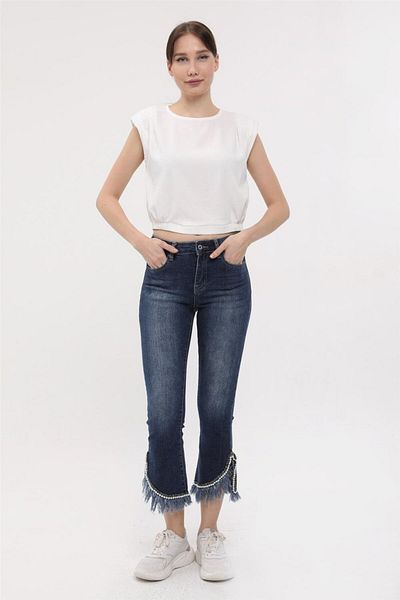 HomeStore Marineblaue Jeanshose – Fransen, Glitzerperlenborte