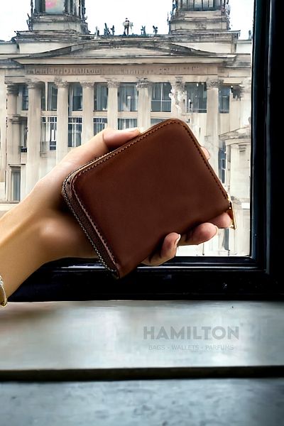 HAMILTON Original Women's Brown Card Holder, Coin Compartment, Zippered Soft Leather Stylish Mini Wallet