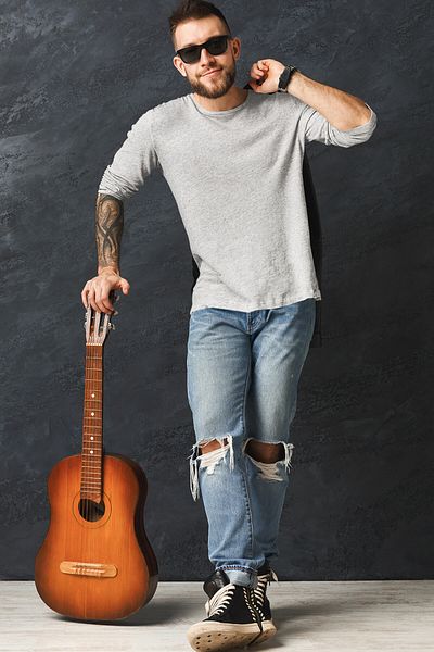 ROCKANDROLL Tricou din bumbac pieptănat pentru bărbați cu mânecă lungă, gri simplu