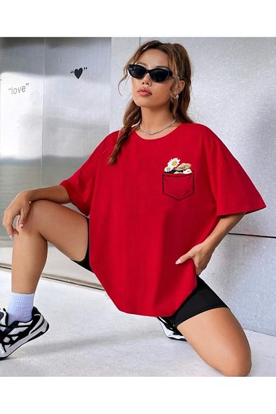 khufu Oversize Red Flower Pocket Printed Relaxed Cut T-shirt