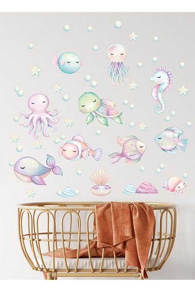 Sim Tasarım Pastel Colorful Ocean Life Cute Fishes Baby Kids Room Wall Sticker Set