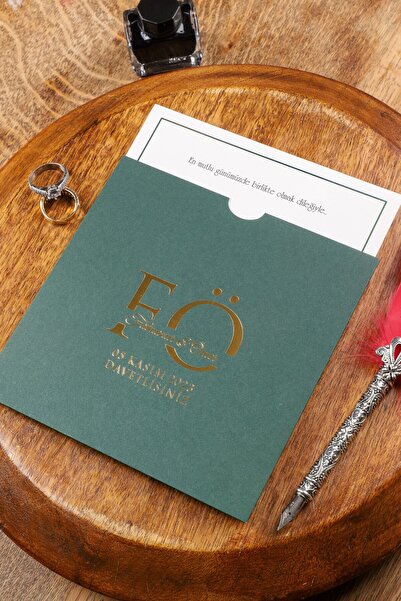 Pixel Davetiye 100 Adet Yeşil Davetiye - Düğün Davetiye Altın Yaldızlı - Düğün-nişan-kına Sünnet Davetiyesi-8192