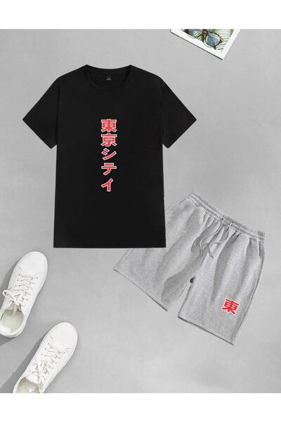 Generic Brand Unisex Red Japanese Printed Shorts-t-shirt Set