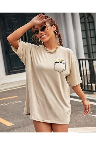khufu Μπλουζάκι Oversize Μπεζ Floral Pocket με εμπριμέ χαλαρή εφαρμογή