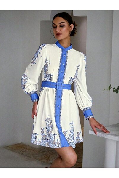 1Moda1Tarz Women's Colorful Stand Collar Crepe Fabric Front Buttoned Midi Dress with Belt