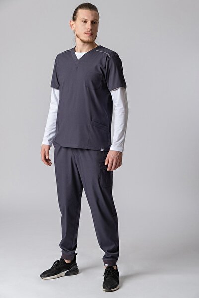 Medikal Dolap بيرجاما رجل أنثراسايت واحد أسفل ليكرا-ضلع الساق-جيوب-زي طبيب مم...