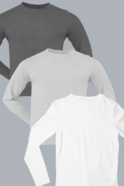 ROCKANDROLL Plain White, Anthracite, Gray Long Sleeve Crew Neck Women's Combed Cotton T-shirt 3 Pack Eco Pack