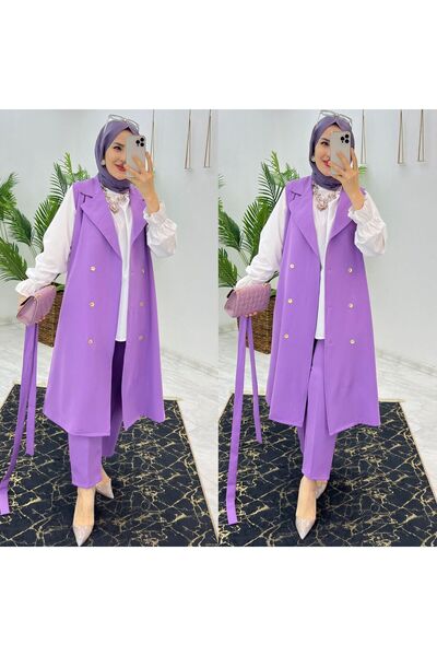 FIRSTESLEM Двоен дамски комплект панталон от креп плат и дълга жилетка