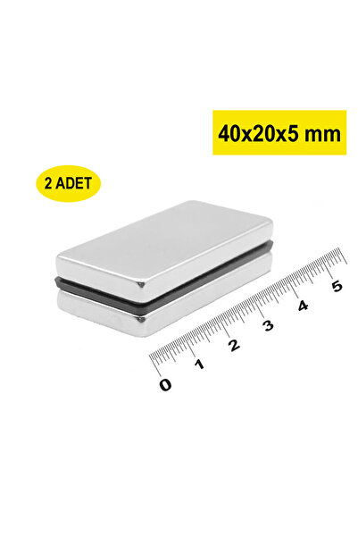 Dünya Magnet Plaka Mıknatısı, Köşeli Neodyum Mıknatıs, 40x20x5 Mm, Süper Güçlü Magnet - 2 Adet