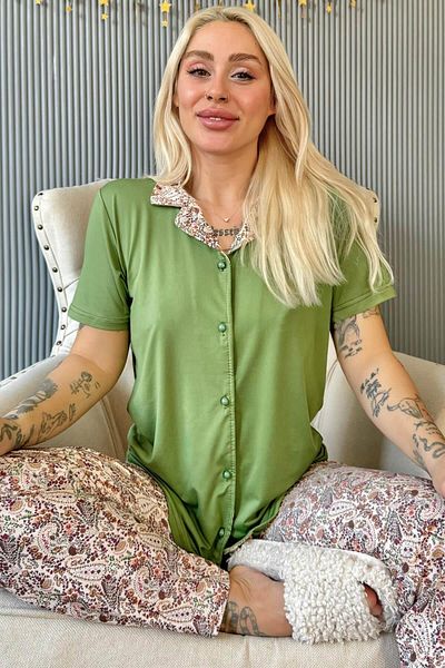 Pijamaevi Tmavě zelená Florado Exkluzivní sada dámského pyžama s krátkým rukávem na knoflíky vpředu