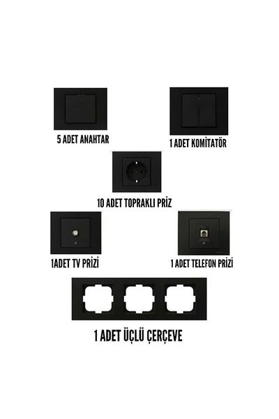 OVİVO Grano Black Set (10 Switch + 3 Commutator + 20 T.prise + TV + Phone + 1 Triple + 3 Double + 15 Single Frame)