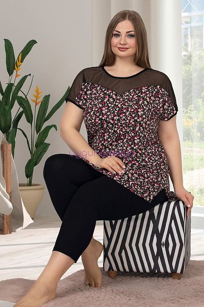quilling Plus Size Black Polka Dot Capri Pajama Set - Lady 10634