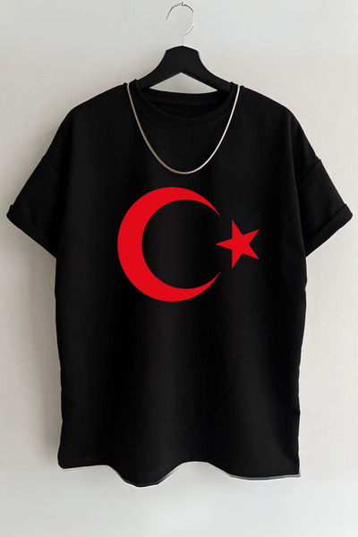 AEMİ تي شيرت بعلم أحمر للجنسين - تي شيرت هلال ونجمة مقاس كبير 100% قطن