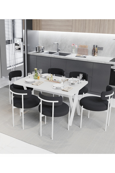 AVVİO Larina Beyaz Teddy Sandalye 80x140 Yemek Masası Mutfak Masası 6 Kişilik...