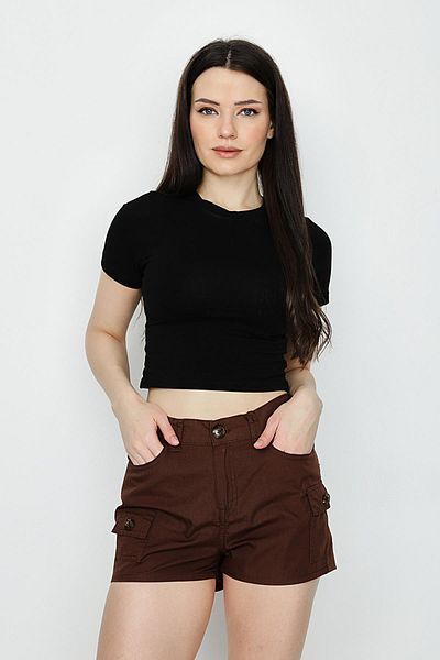 Select Moda Women's Brown Elastic Waist Cargo Mini Shorts
