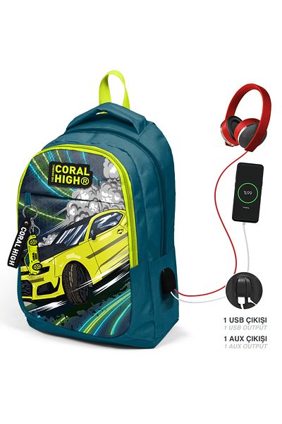 Coral High Rucsac școlar USB cu trei compartimente pentru copii Nefti evidențiind mașină galbenă cu model 24319
