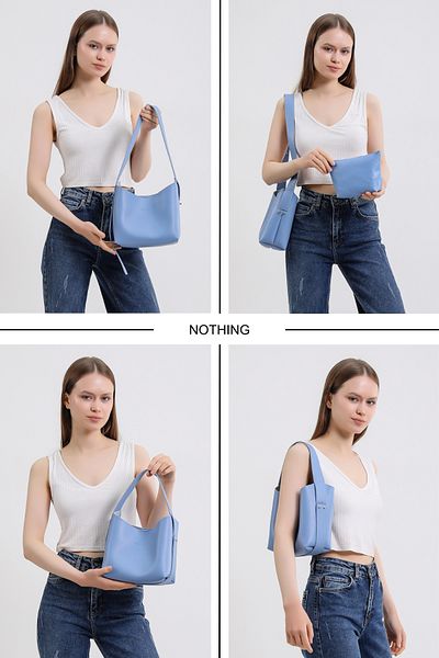 NOTHING Geantă de machiaj din piele albastră pentru femei, cu design în 3 etape, geantă de mână, umăr și crossbody cu curea reglabilă
