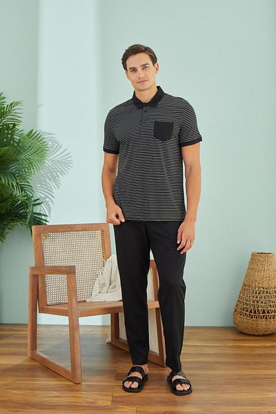 Sevim Men's Short Sleeve Black Pajamas Set C1T0N59