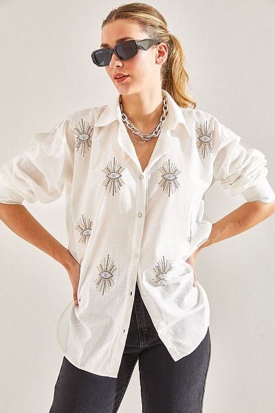 Bianco Lucci Modest Cămașă de in Eye Stone Sofia pentru femei60181016