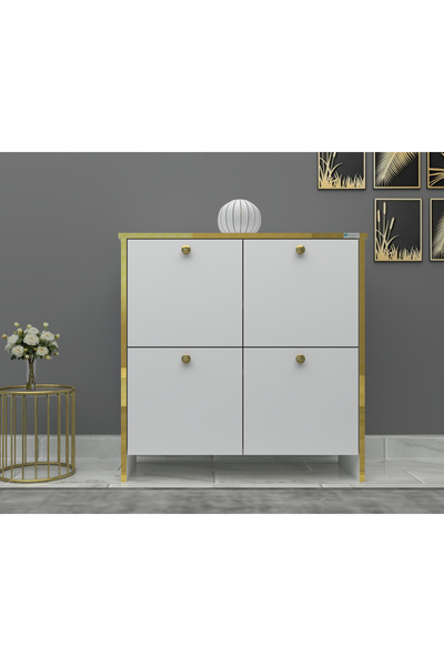 Buzkan Mobilya %100 Mdf 4 Kapaklı Küp Altın Sarısı Desenli Ayakkabılık