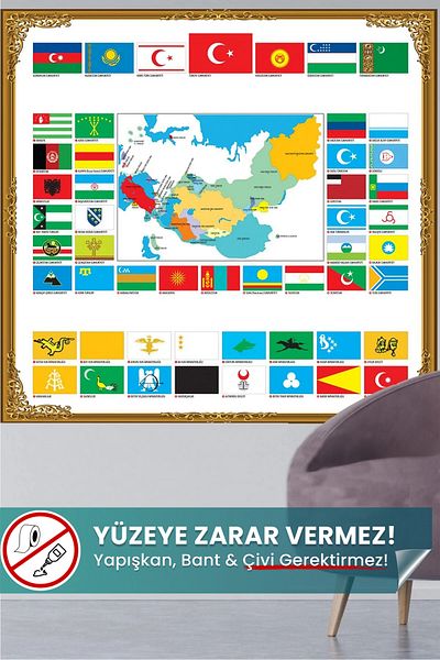 Pi Papers خريطة العالم التركية والأعلام والمناطق التي يعيش فيها الأتراك خريطة ورقية ذكية ثابتة