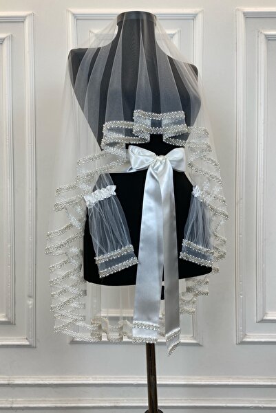 ZEYMERADE Beyaz Gelin Duvak Seti, Çift Sıra Cam Boncuk ve İnci İşlemeli, Kına...