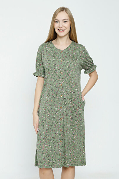 İntensive γυναικείο φλοράλ στάμπα μπροστινό βαμβακερό φόρεμα με λαιμόκοψη με κοντό μανίκι