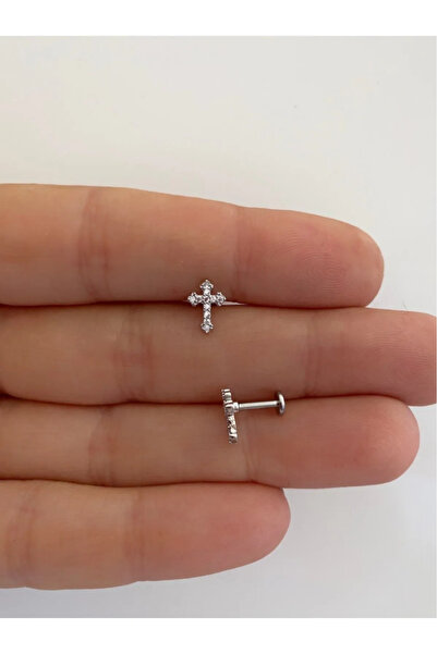 DRAGONTATTOO 316L Cerrahi Çelik Gri Labret Zirkon Taşlı Haç Tragus Helix Lobe...