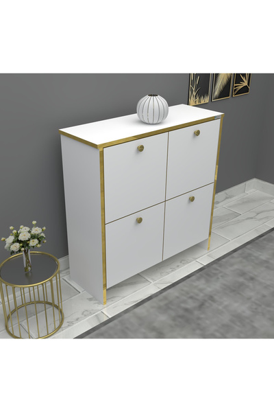 Buzkan Mobilya %100 Mdf 4 Kapaklı Küp Altın Sarısı Desenli Ayakkabılık