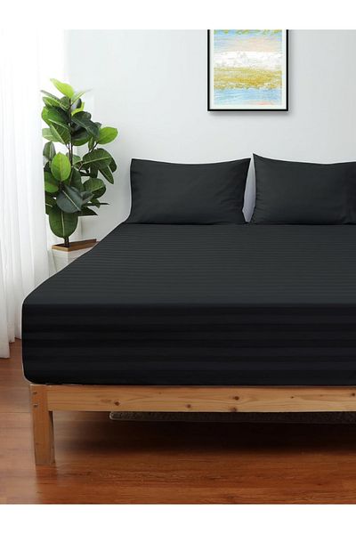 VESSİNOHOME Platinum Series Cotton Satin Fitted Sheet Set Striped Double White/Colored Hotel Type Padded