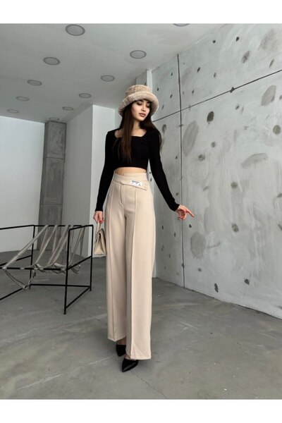 ubmbutik Women's Palazzo Trousers - Two Buttons with Cross Belt - Crest Detail Design Trousers