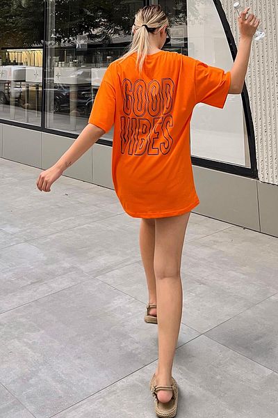 Swist Orange Good Vibes Back Printed Oversize Women's Tshirt