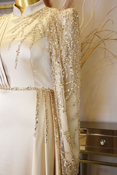 Halezademoda Satin Shoulder Embroidered Evening Dress Efila