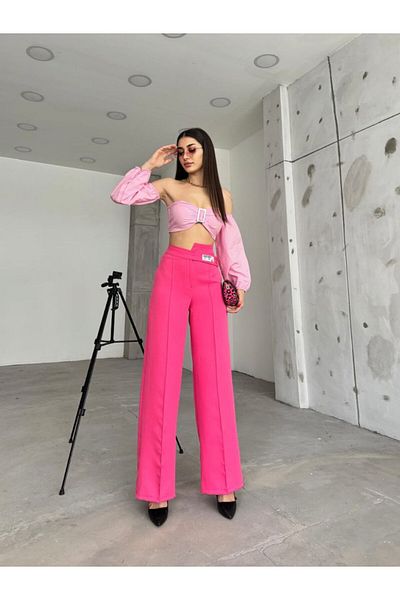 ubmbutik Women's Palazzo Trousers - Two Buttons with Cross Belt - Crest Detail Design Trousers