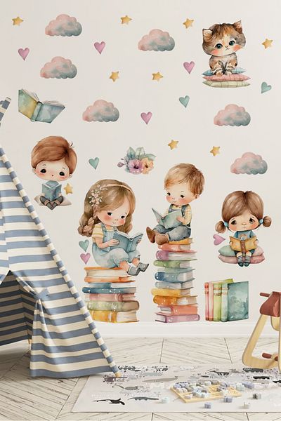 TUGİBU Children's Room Wall Sticker Set - Book Reading Themed