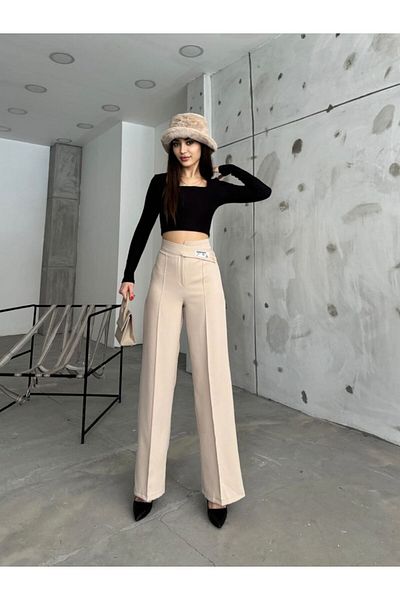 ubmbutik Women's Palazzo Trousers - Two Buttons with Cross Belt - Crest Detail Design Trousers