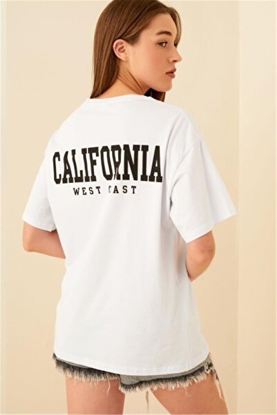 Swist Tricou damă supradimensionat cu imprimeu la spate alb Clfrnia