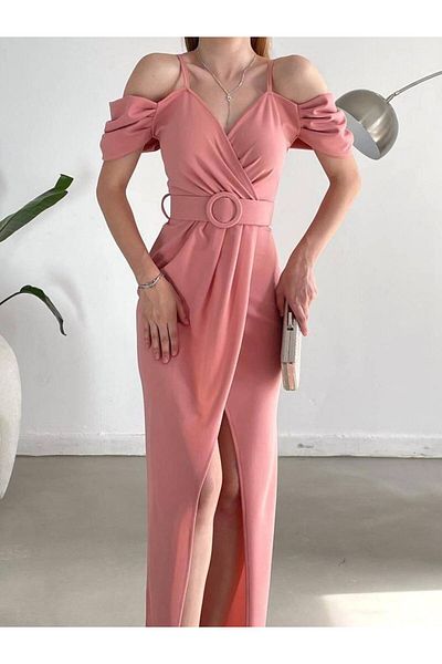 MODA DİNA Λεπτομέρεια με μανίκια με ζώνη Μακρύ βραδινό φόρεμα, φόρεμα επιστροφής στο σπίτι