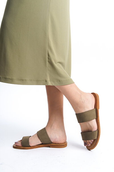 DaphneSandals Γυναικείες παντόφλες από γνήσιο δέρμα Nubuck Khaki - M5010