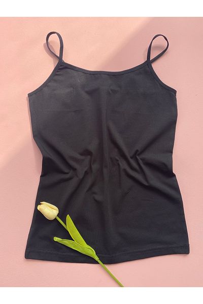 LEYNA BUTİK Women's 3-Pack Oval Collar Black Color Cotton Lycra Rope Strap Combed Cotton Tank Top