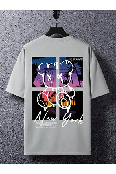 AFROGİYİM Unisex New York Teddy Bear Tričko Oversize s potiskem vpředu vzadu