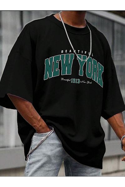 Black Sokak Beautiful New York Printed Oversize Men's Black T-Shirt