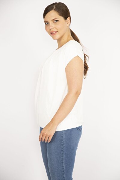 Şans Women's Bone Plus Size Front Lined Tulle Collar Pleated Blouse 65n36668