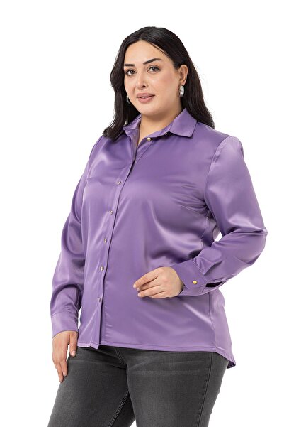 DISENTIS MODEST Plus Size Satin Textured Lilac Shirt with Cuffs